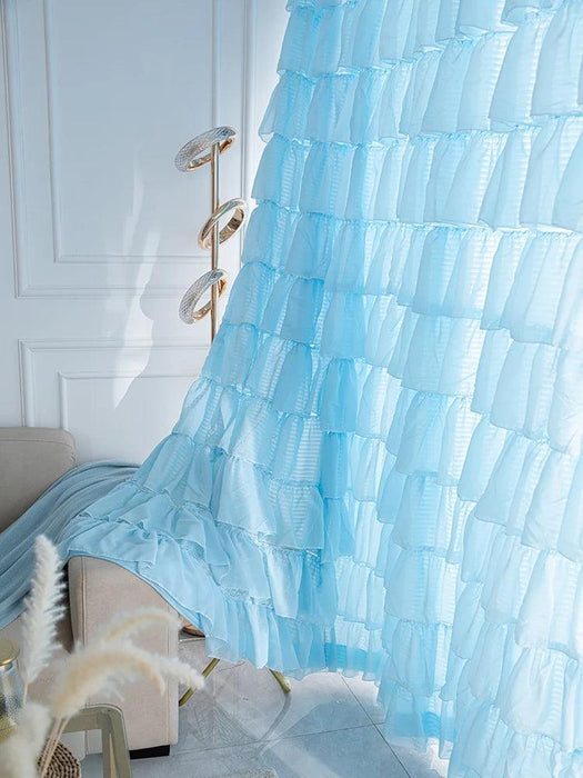 Elegant Blue Ruffled Semi-Blackout Curtains for Living Spaces and Girls' Rooms - Soft Tulle Drapes