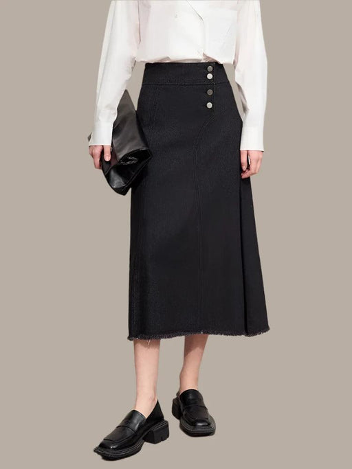 Chic Black A-Line Denim Skirt for Women - Stylish Autumn Essential with Button Front and Trendy Split Detail