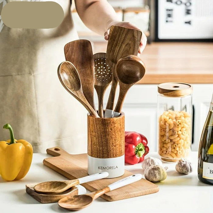 Elegant 9-Piece Acacia Wood Kitchen Utensil Set with Holder and Rest Spatula