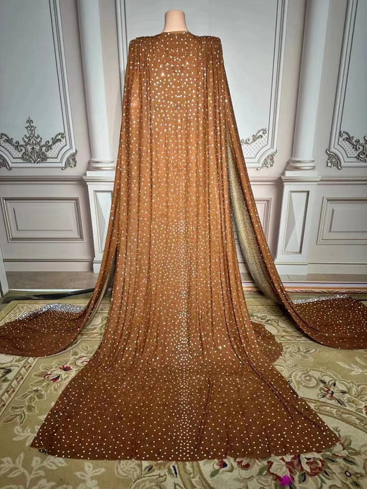 Elegant Rhinestone-Embellished Cape Dress Inspired by Dubai for Women