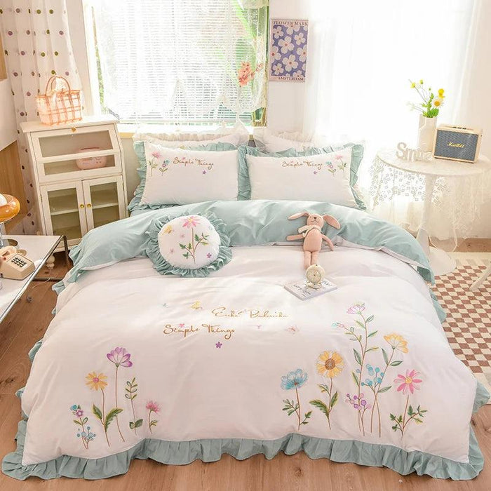 Pastoral Elegance: Embroidered Floral Cotton Bedding Set with Ruffled Details - Duvet Cover, Flat & Fitted Sheets, Pillowcases