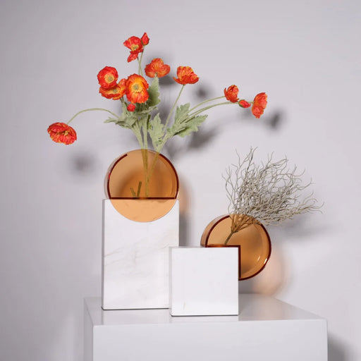 Geometric Marble Acrylic Terrarium Vase with Transparent Semicircle Design