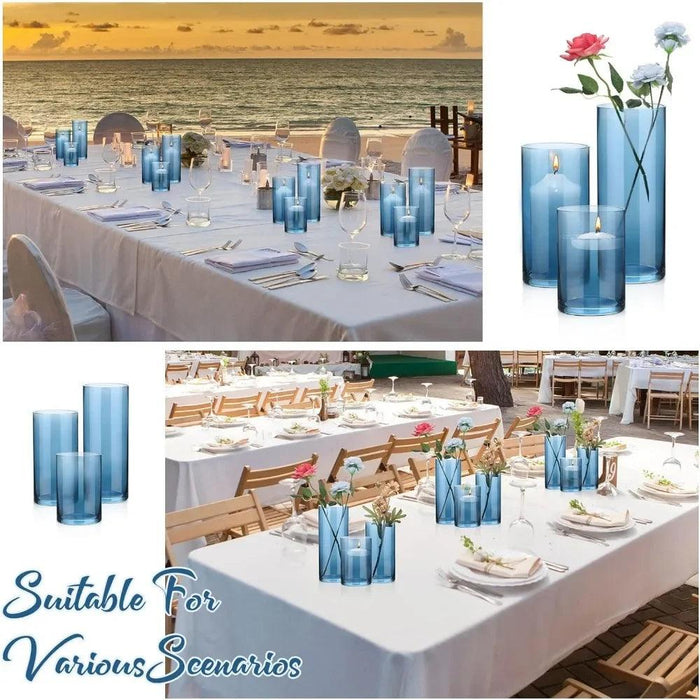 Chic Set of 12 Blue Glass Cylinder Vases for Elegant Home Decoration and Versatile Use