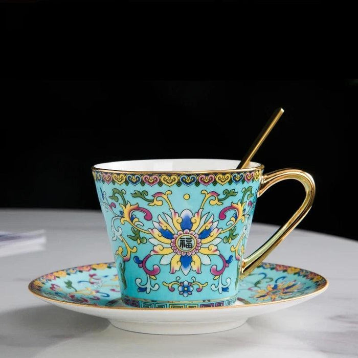 Imperial Elegance Enamel Porcelain Tea and Coffee Cup Set with Ornate Borders