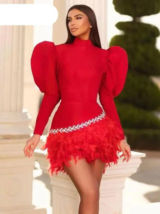 Enchanting Diamond and Feather Bubble Sleeve Bodycon Mini Dress - Luxe Opulence