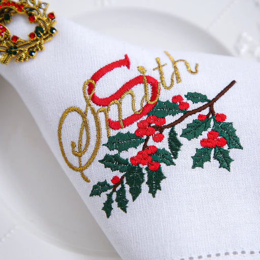 Festive Monogram & Family Name Embroidered Table Linens, Christmas Decor Set