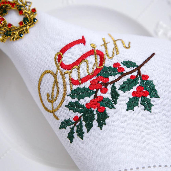 Custom Embroidered Festive Monogram Christmas Table Linen Collection