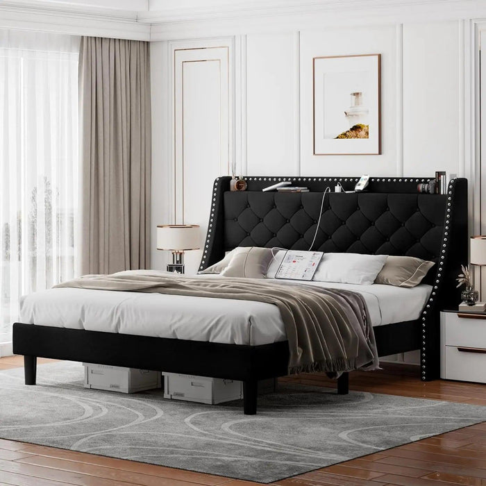 Luxurious Black Wingback Bed Frame with Smart Storage Headboard and Charging Ports