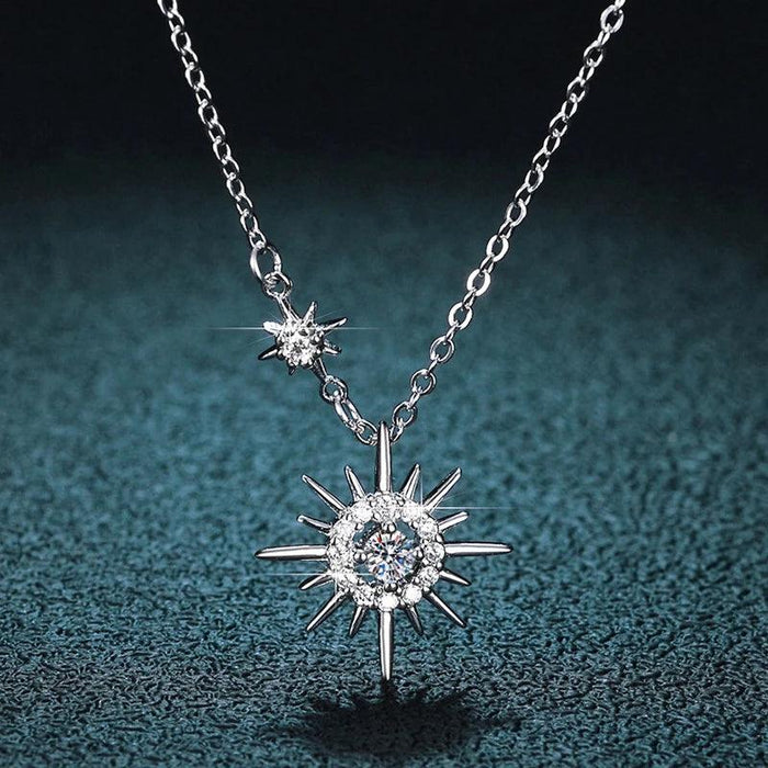 Sunburst Serenity Sterling Silver Necklace with Lab-Grown Diamond Hexagram Pendant: Chic Jewelry for Women