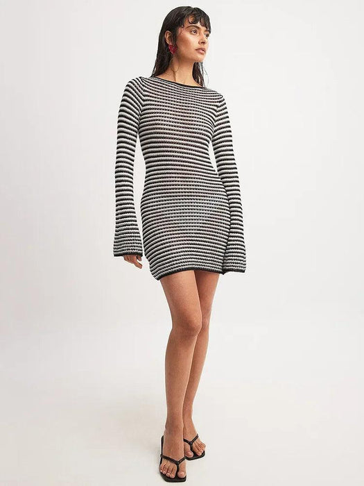 Women's Chic Striped Knit Mini Dress - High Waist Long Sleeve Style for Autumn/Winter