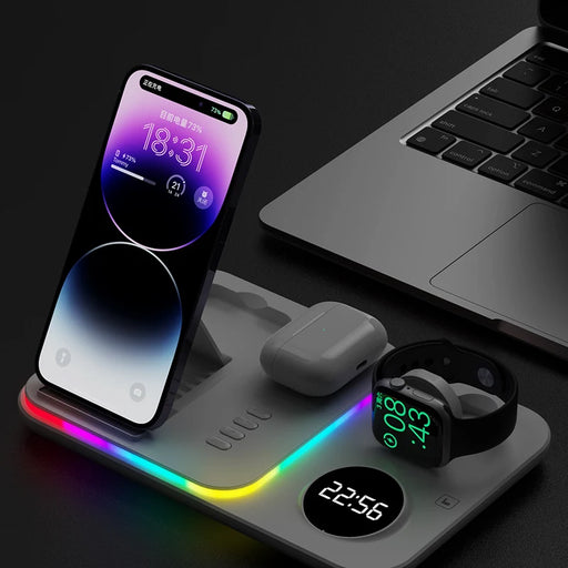 5-in-1 RGB LED Wireless Charging Dock for Apple Watch, Galaxy Watch, Airpods, iPhone, Samsung - Fast Charge with LED Display