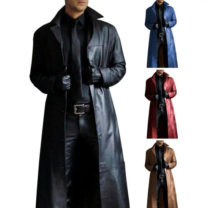 Men's Stylish Gothic Black Faux Leather Long Coat - Chic Winter Essential with Lapel Detailing