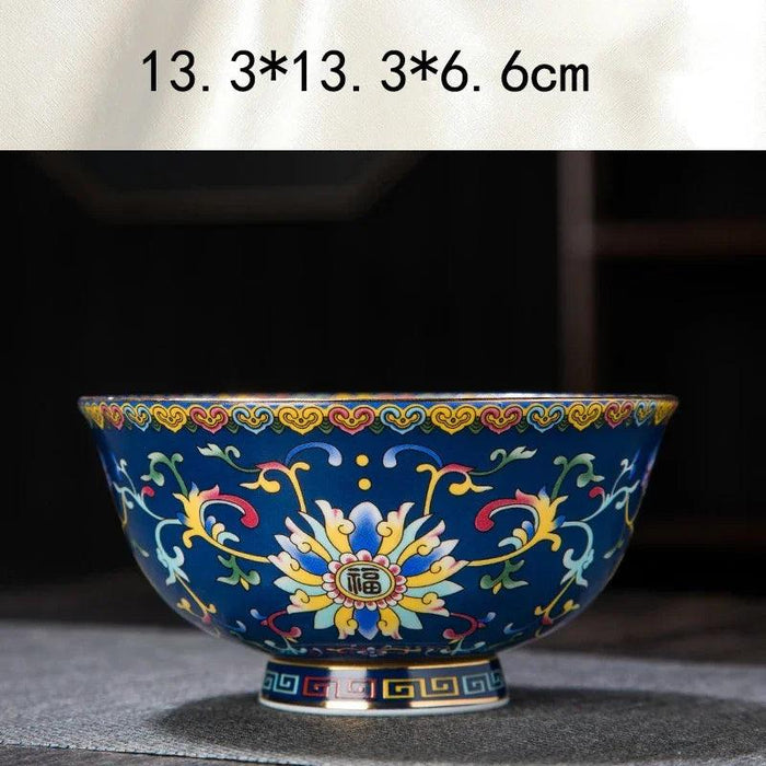 Ornate Chinese Ceramic Salad Bowl Set with Gold Trim - Elegant Enamel Tableware for Stylish Dining