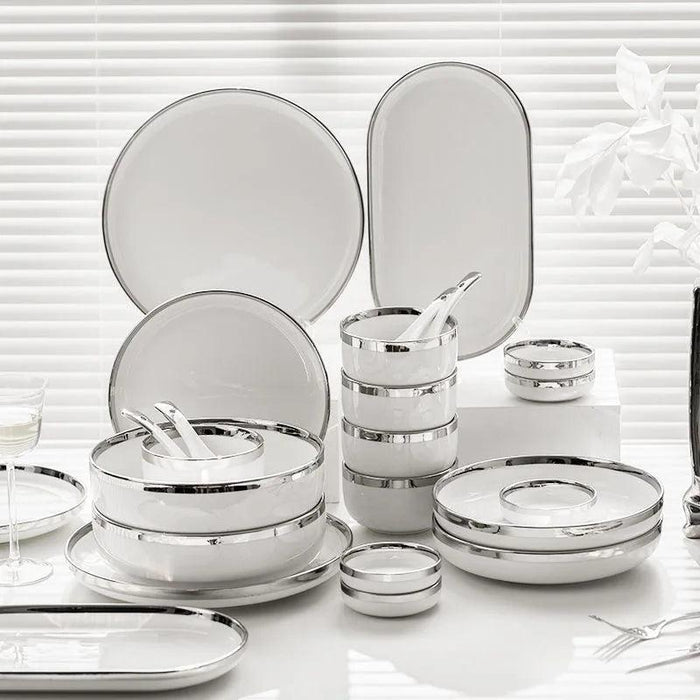 Sophisticated White Porcelain Dinnerware Collection with Silver Detailing for Elegant Home and Hotel Dining