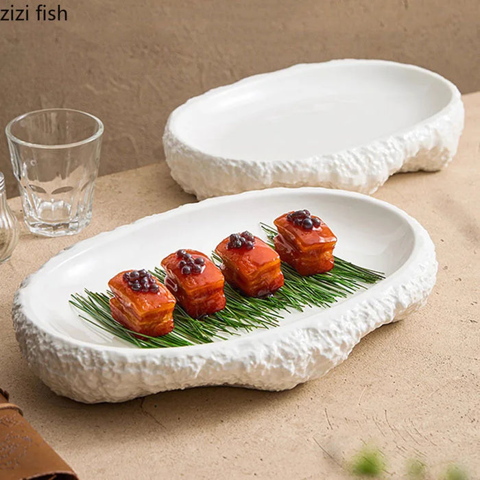 Elegant Pure White Ceramic Dinner Plate with Nature-Inspired Irregular Texture