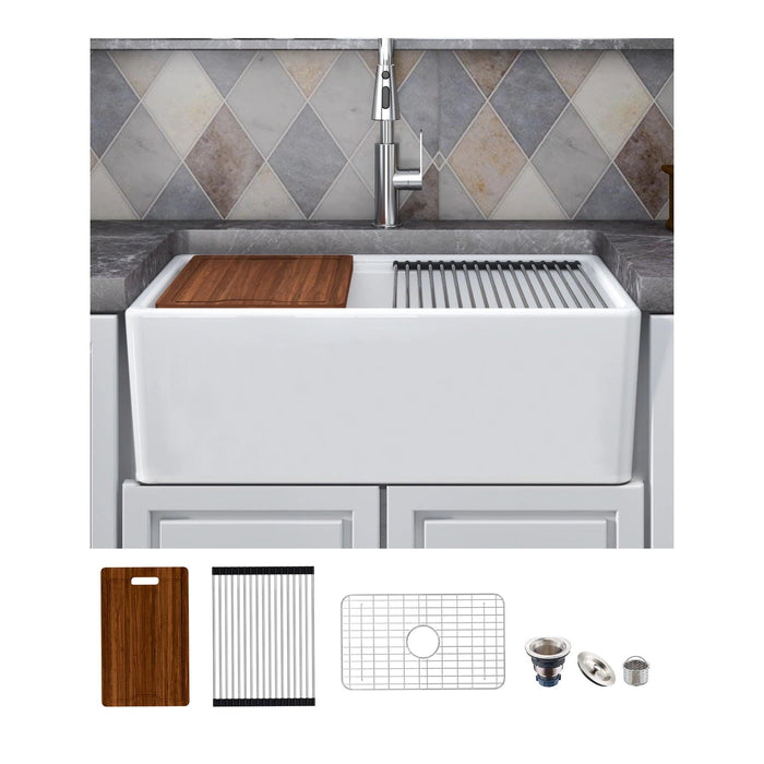 Chic Farmhouse Kitchen Sink Ensemble with Essential Accessories - Includes Cutting Board, Grid & Strainer