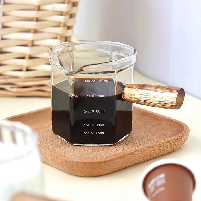 Borosilicate Glass Milk Cup Set with Wooden Handle and Measuring Tools for Espresso and Baking