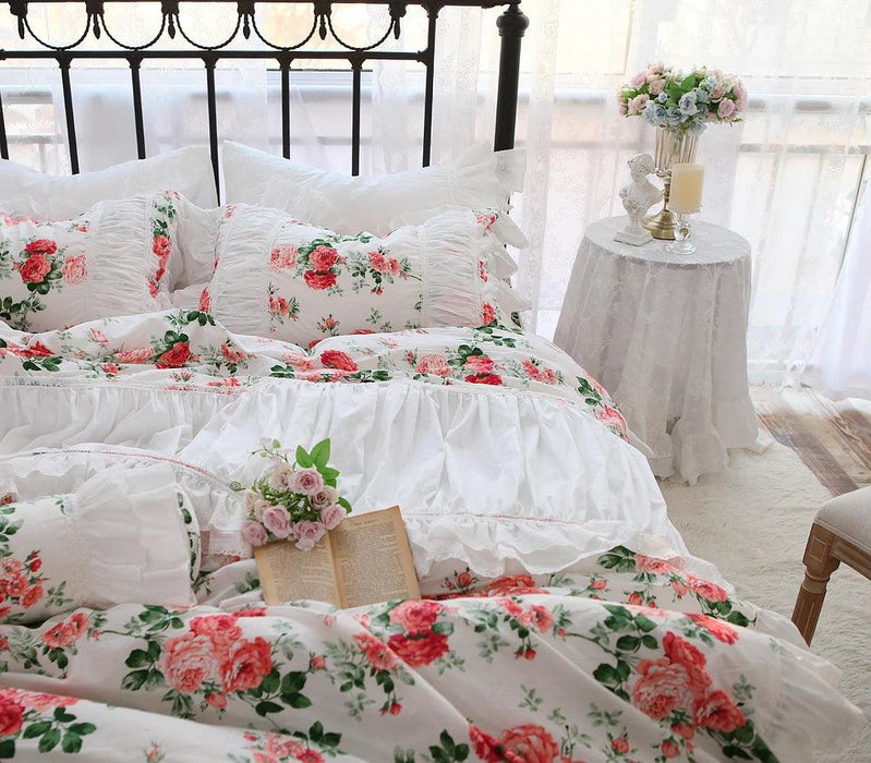 Korean Style Red Rose Printing Bedding Set