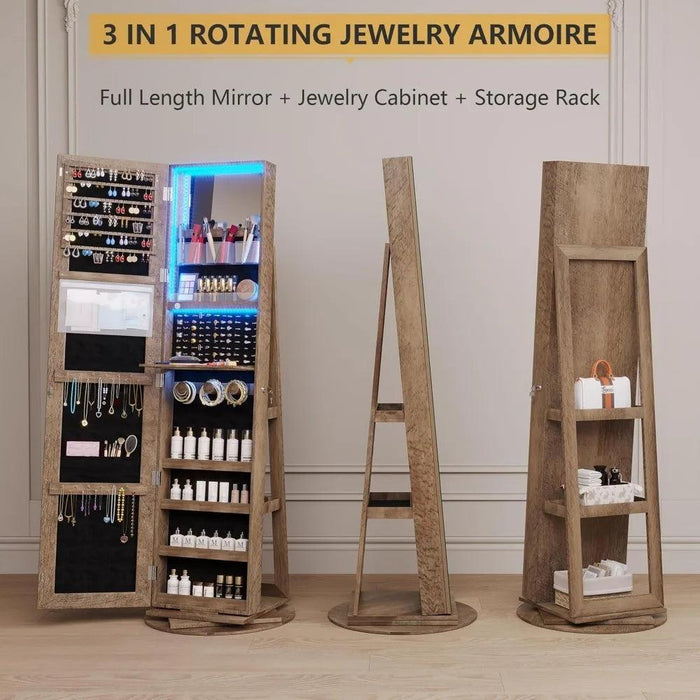 Jewelry Armoire with Full Length Mirror and 360° Rotation