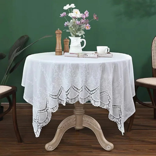 Elegant French White Lace Floral Embroidered Cotton Tablecloth for Home Wedding Party Decor