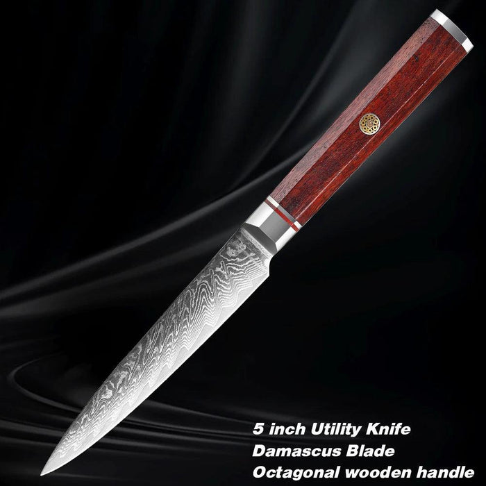 Luxurious 7-Piece Damascus Steel Knife Set with Artisan Rosewood Handles