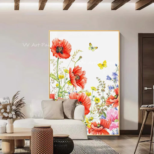 Vibrant Red Floral Oil Painting for Elegant Living Room Decor