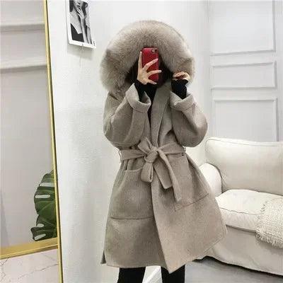 Elegant Women's Wool Blend Winter Coat with Fox Fur Trim and Cashmere Lining