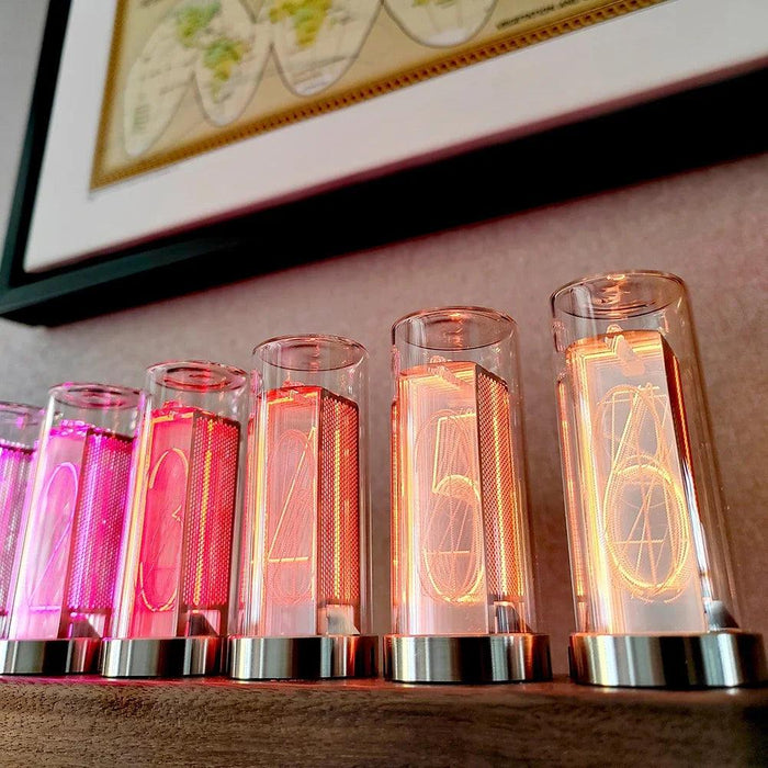 Retro RGB Nixie Tube Clock with Stylish Wooden Base - LED Alarm Timepiece for Unique Desktop Decor and Gifting