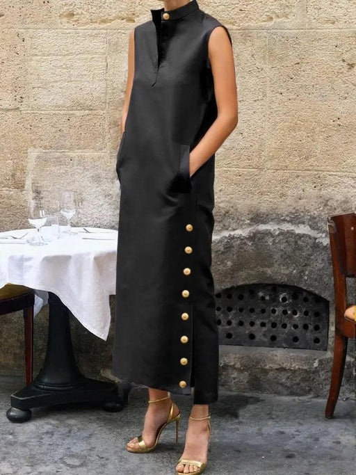 Summer Elegant Black Sleeveless Maxi Dress with Button Front and Stylish Side Split for Women