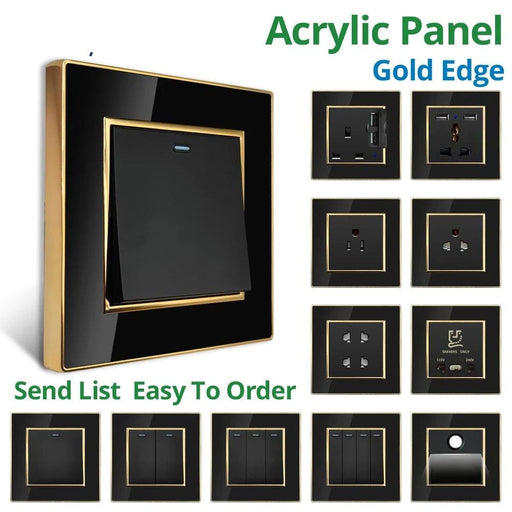 Luxurious Black Acrylic Switch Panel with Gold Accents & Universal Sockets - 220V, Multi-Gang, Modern Design - Illuminated Control Panel with USB Charging Feature