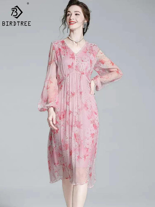 Chic V-Neck Puff Sleeve Mulberry Silk Dress with French Floral Print