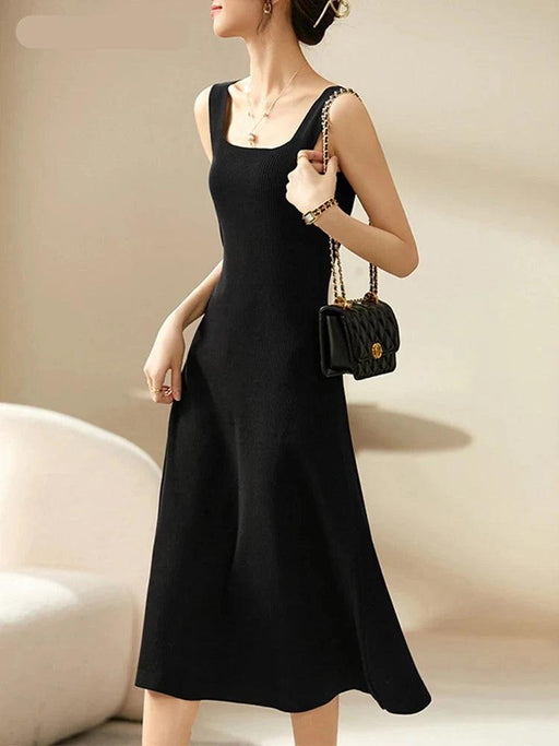 Chic Black Knitted Midi Dress with Square Neck and Spaghetti Straps