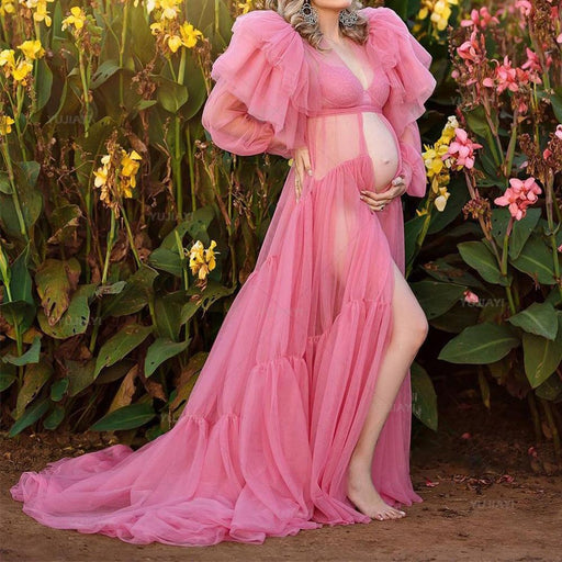 Pink Maternity Robes with Ruffles, Tiered Skirts, and Tulle Design