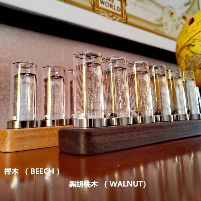 Retro RGB Nixie Tube Clock with Stylish Wooden Base - LED Alarm Timepiece for Unique Desktop Decor and Gifting