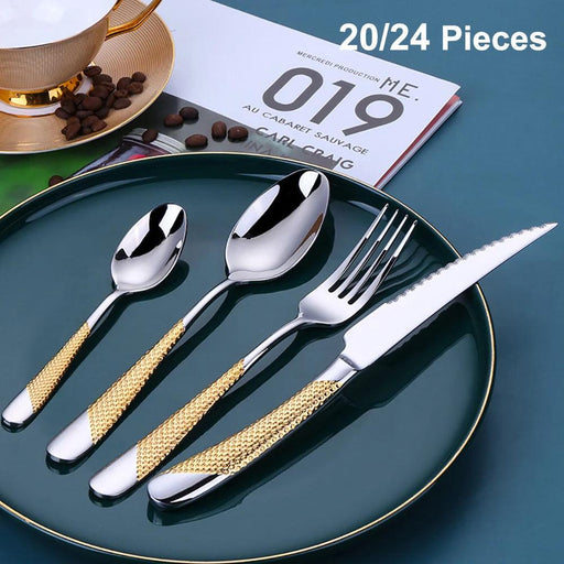 Luxurious Gold-Plated Stainless Steel Flatware Collection - Available in 8 to 24 Piece Sets for Elegant Dining Experiences