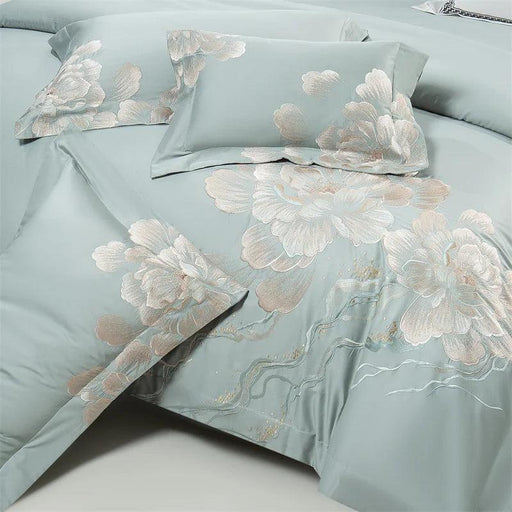 Elegant Floral Embroidered 1400TC Egyptian Cotton 4-Piece Duvet Cover and Sheet Set with Pillowcases