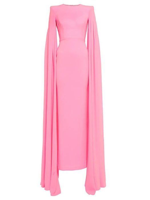 Chic Customizable Blush Evening Gown with Long Sleeves and Structured Shoulders for Fall 2024