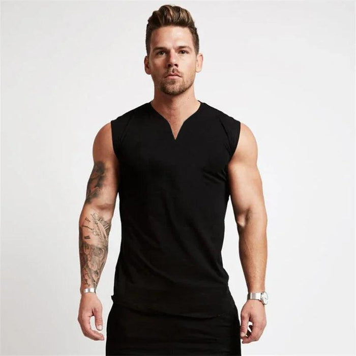 Men's V Neck Cotton Muscle Tank Top - Sleeveless Gym Wear for Bodybuilding and Fitness