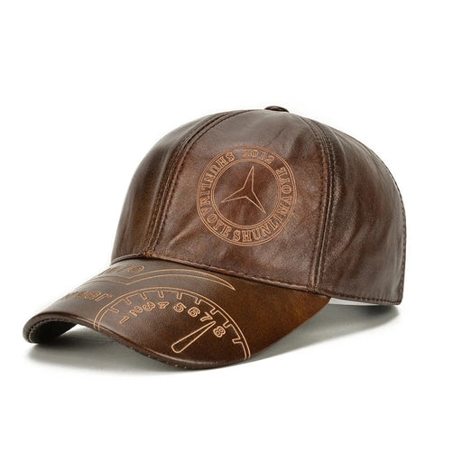 Real Cowhide Leather Adjustable Baseball Cap with Ear Protection - Autumn Winter Men's Hat