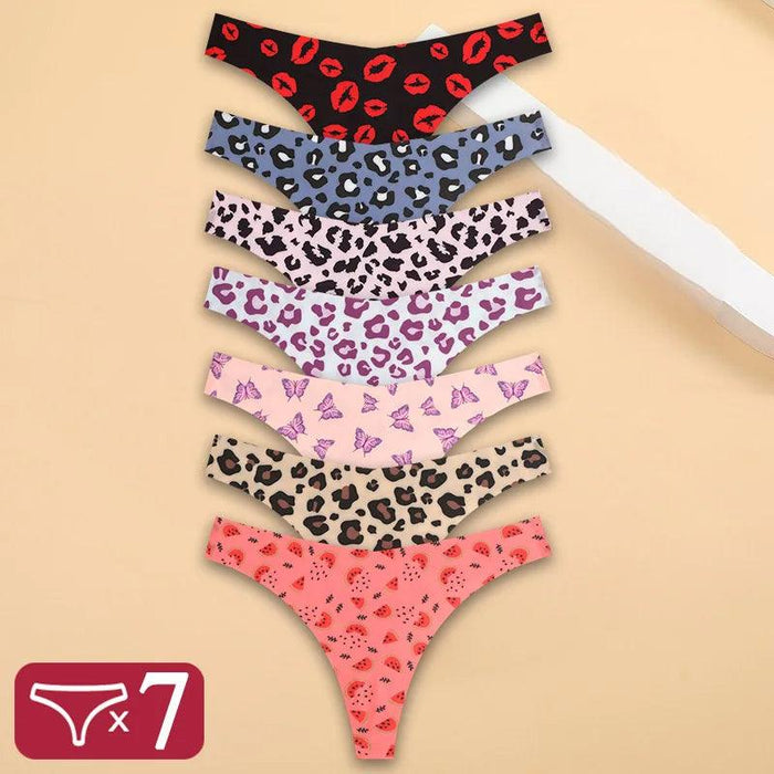 7Pcs Seamless Ice Silk Thong Set for Women - Fresh Low Waisted Print Underwear