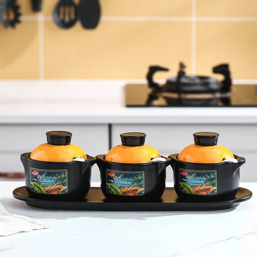 Ceramic Seasoning Storage Set - Stew Cup, Oil Pot, and Sauce Bottle