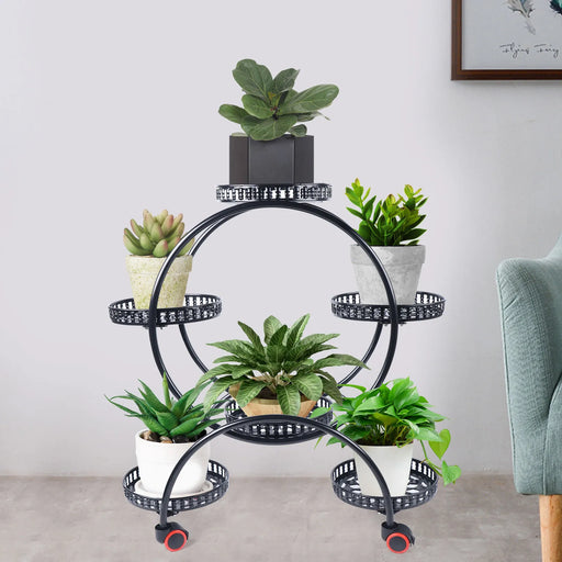 Elegant Metal Plant Stand with 6 Pot Holders and Wheels - Perfect for Indoor and Outdoor Greenery