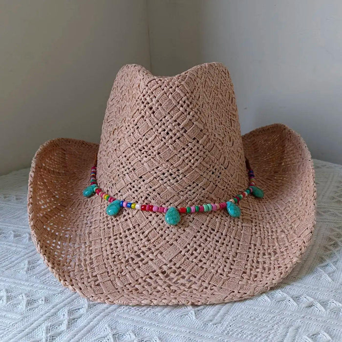 Rose Red Cowboy Straw Hat - Adjustable Wide Brim Sun Hat for All Seasons