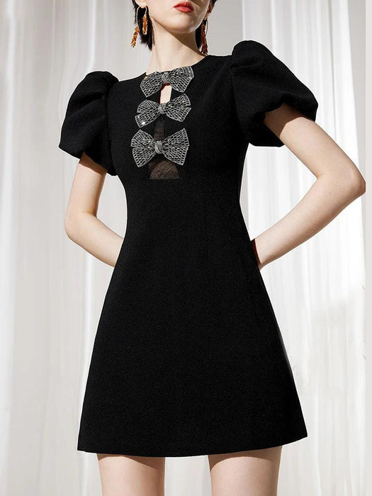 DEAT Elegant Puff Sleeve Bowknot Mini Dress - Slim Fit Evening Wear for Women - Summer 2024 Collection 35Z659