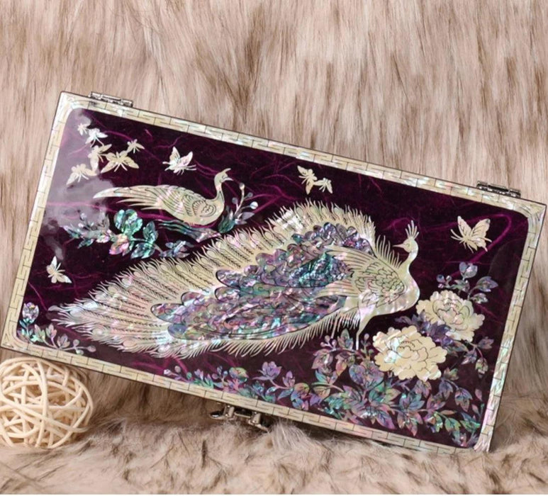 Artisan-Made Mother of Pearl Jewelry Box with Exquisite Peacock Inlay - An Elegant Storage Solution for Your Treasures