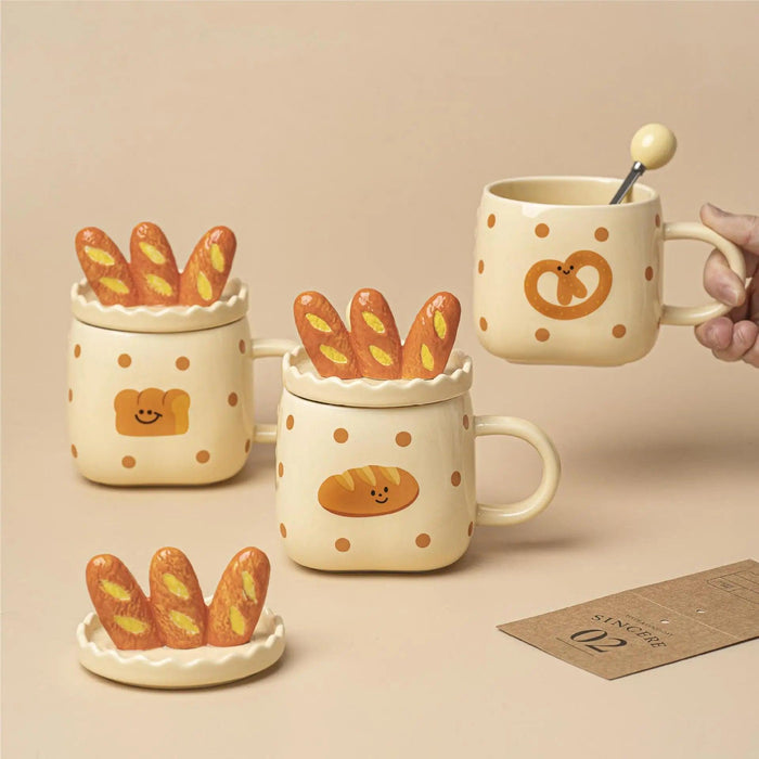 Bread Pattern White Porcelain Coffee Cup Set with Handle - Holiday Cheer Mug