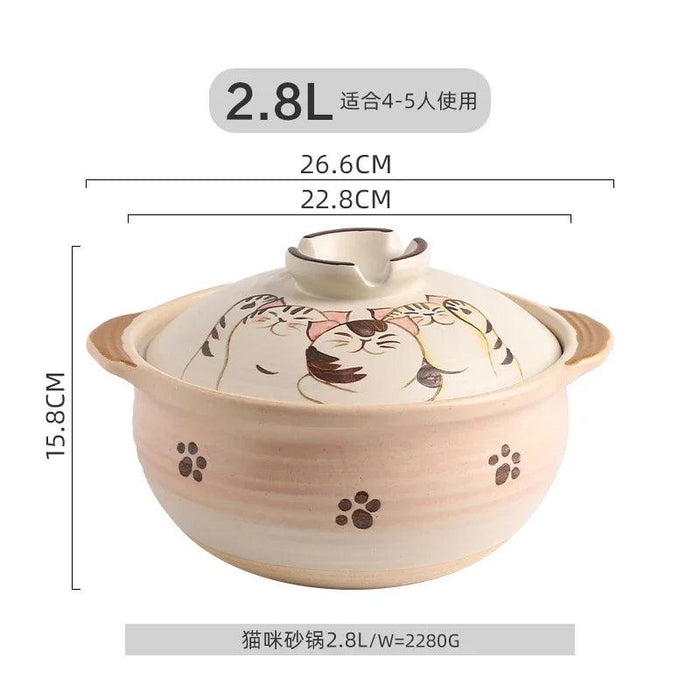 Elegant Japanese Cat-Themed Ceramic Stew Pot with Comfortable Double Ear Handles for Gourmet Cooking