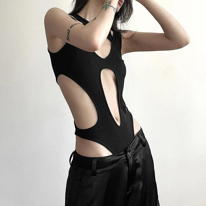 Edgy Backless Techwear Bodysuit - Y2K Grunge Hollowed Slim Fit Top for Women