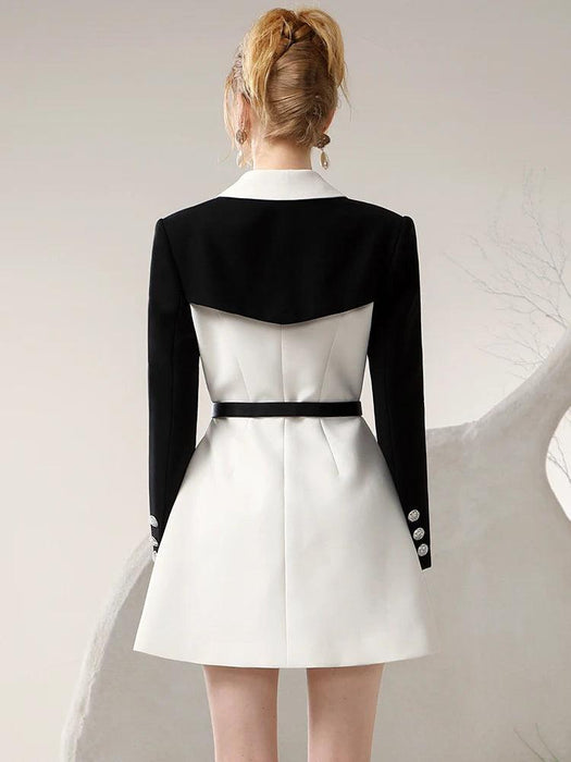 Chic Spring Black and White Business Suit Dress with Niche Waist Design