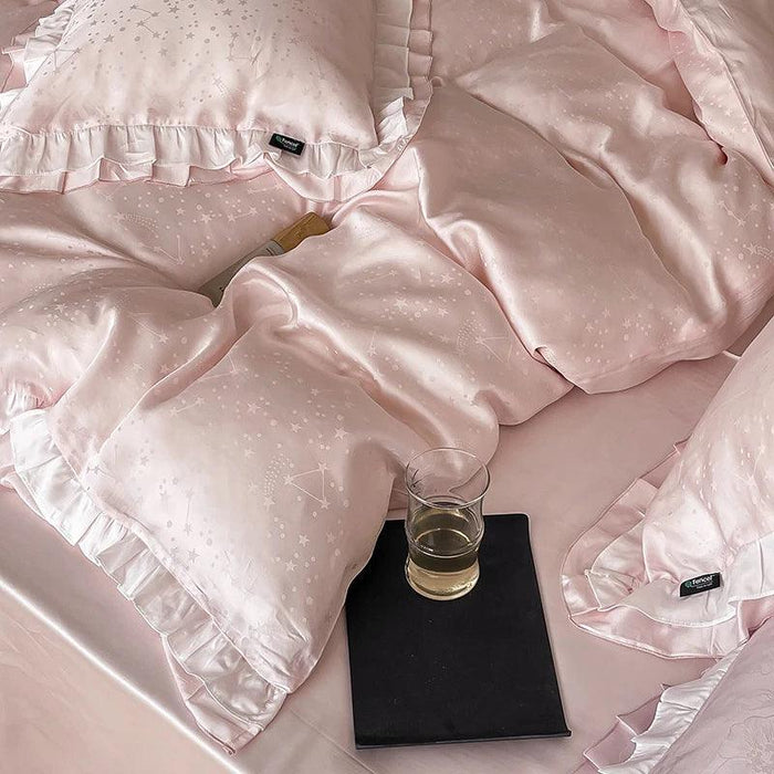 Luxurious Blush Lyocell Silky Princess Bedding Ensemble with Jacquard Ruffles - Duvet Cover, Flat Sheet, Fitted Sheet, and Pillowcases